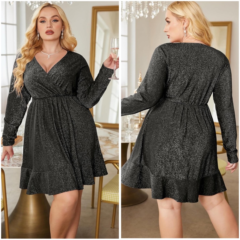 Glitter Dress V Neck Long Sleeve Ruffle Hem Dress - Black - 16W/1X